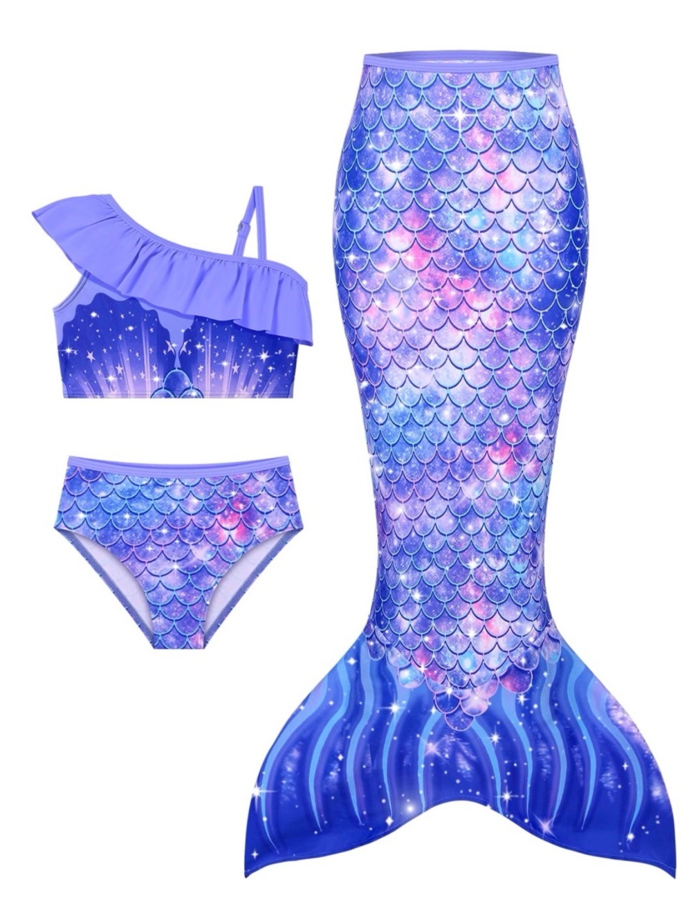 Girls' Purple Mermaid Tail Swim Set with Ruffle Top
